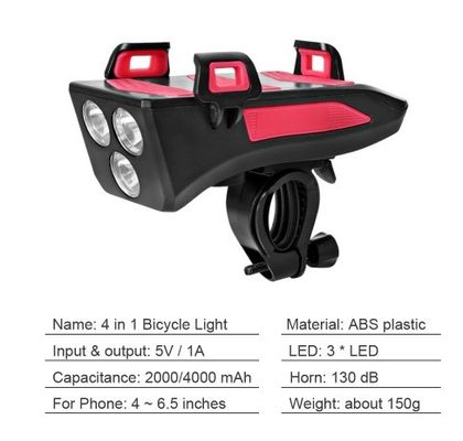 USB قابل لإعادة الشحن LED الدراجة الضوء الأمامي الدراجة القرن الهاتف حامل بنك الطاقة للركوب ليلا